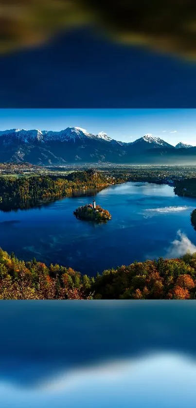 A serene mountain lake under a clear sky, surrounded by lush, green forests.