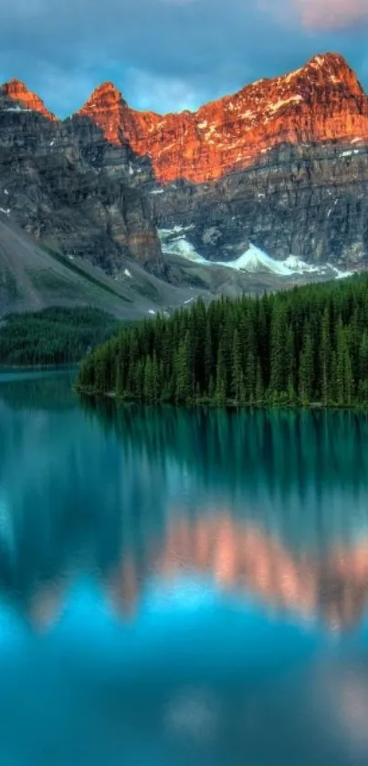 Breathtaking view of a mountain lake at sunset with vibrant reflections.