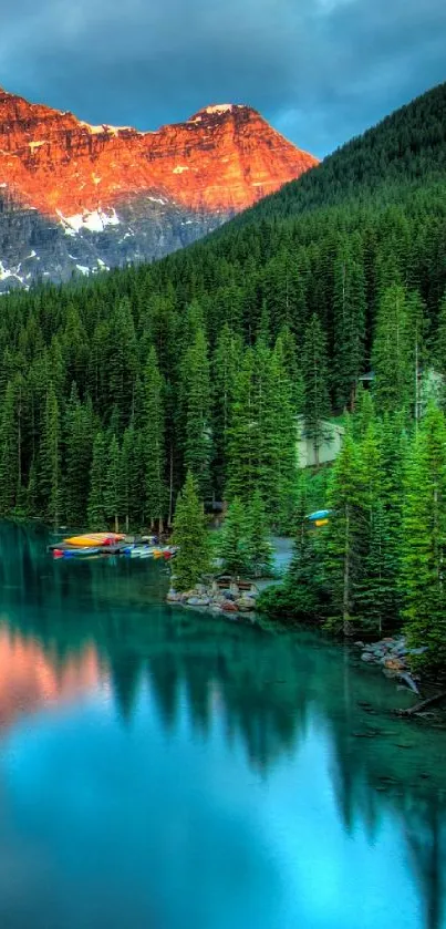 Scenic mountain lake view with lush greenery and sunlit peaks.