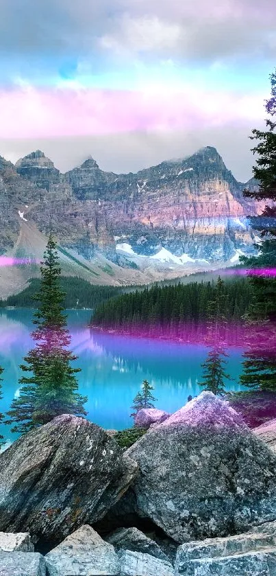 Turquoise mountain lake with rocky peaks and trees.