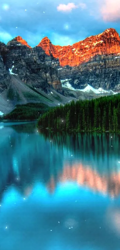 Beautiful sunset reflection on a tranquil mountain lake with vibrant peaks.