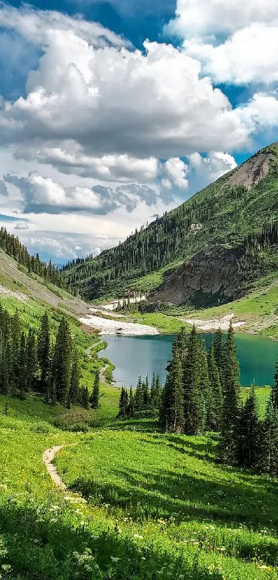 Serene mountain lake with lush greenery and clear blue sky.