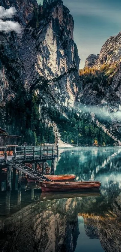 Mountain lake view with wooden dock and clear reflections at sunrise.