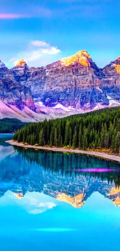 Stunning wallpaper of a mountain lake with forest and colorful peaks.