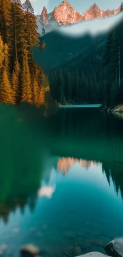 Serene lake and mountain view with lush forests in vibrant colors.