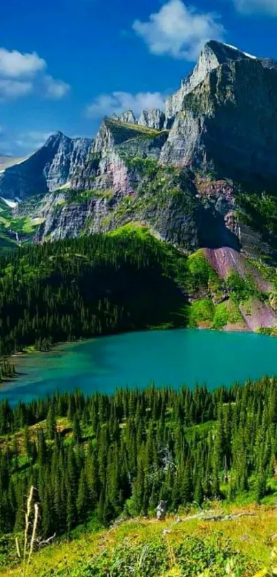 Stunning mountain and lake view wallpaper with lush greenery.