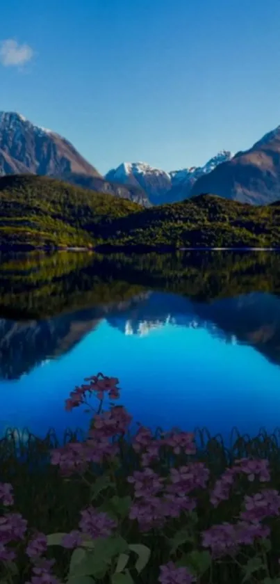 Scenic wallpaper of a mountain lake with flowers and a blue sky.