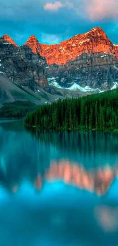 Scenic wallpaper of a mountain lake with sunset reflection.