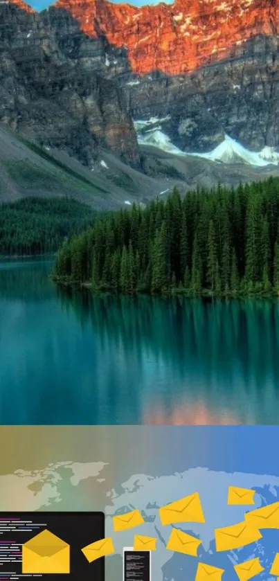 Serene mountain lake with forest and glowing sky.