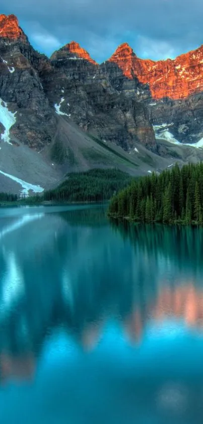 Mobile wallpaper of a stunning mountain lake with vibrant reflections under a colorful sky.