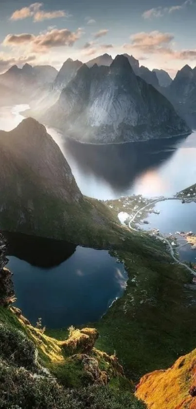 Scenic mountain lake with reflective waters under a vibrant sky.