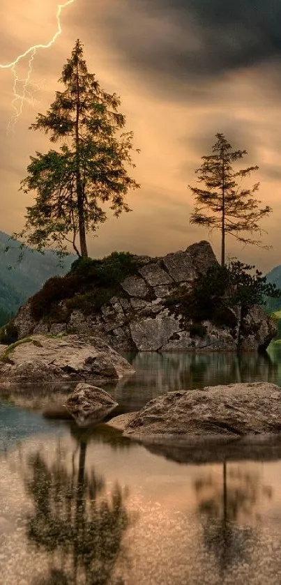 Mountain lake with stormy skies and lightning, reflecting nature's dramatic beauty.