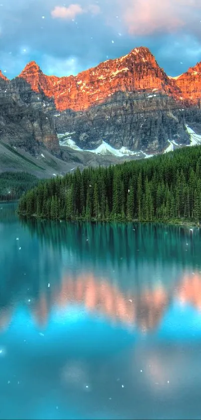 Serene mountain lake with reflection of snowy peaks and forest.