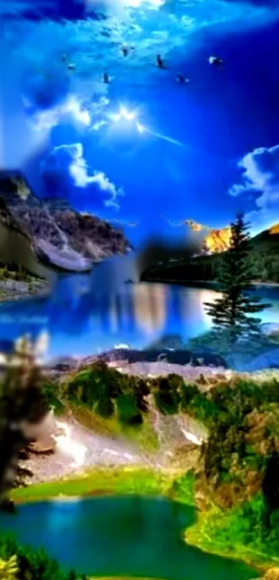 Vibrant blue mountain lake with lush greenery and night sky.