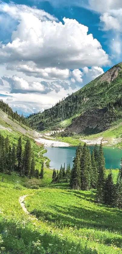 Serene green mountain and lake view wallpaper.