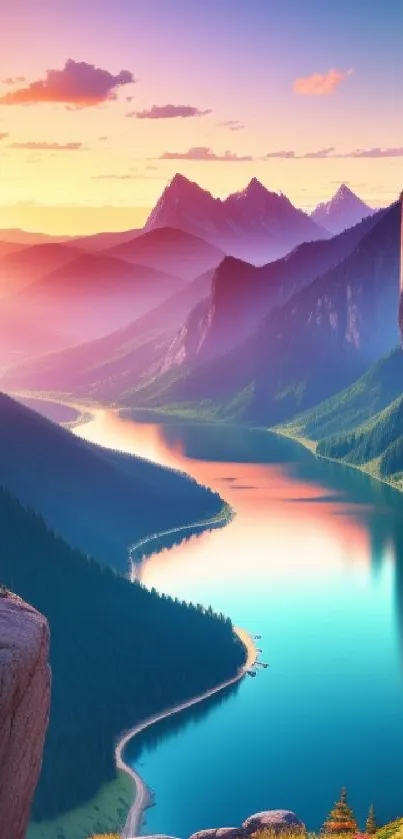 Vibrant sunrise over a serene mountain lake, perfect for mobile wallpaper.