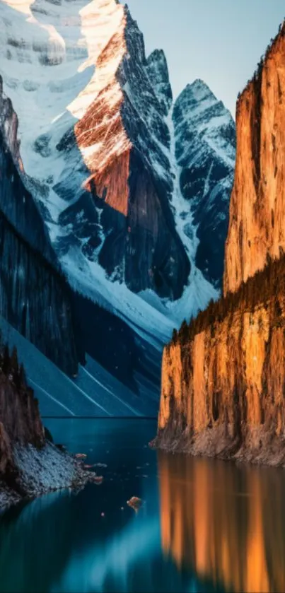 Scenic mountain lake with sunset reflections and towering peaks.