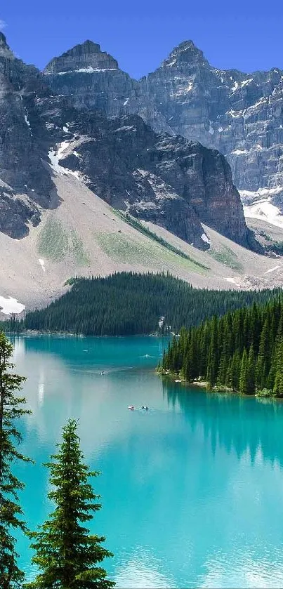 Mobile wallpaper of a serene mountain lake with trees and clear blue sky.