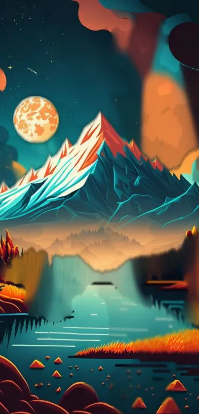 Artistic mountain landscape wallpaper featuring a moonlit sky and vibrant colors.