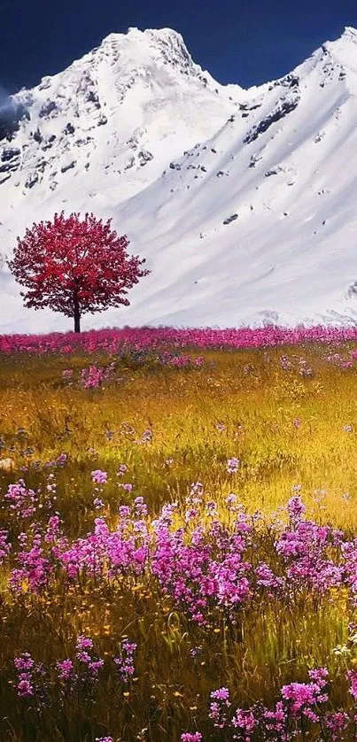 Serene mountain landscape with pink flowers and a red tree.