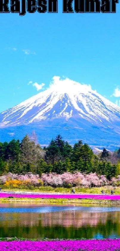 Mobile wallpaper of a mountain, lake, and flowers.