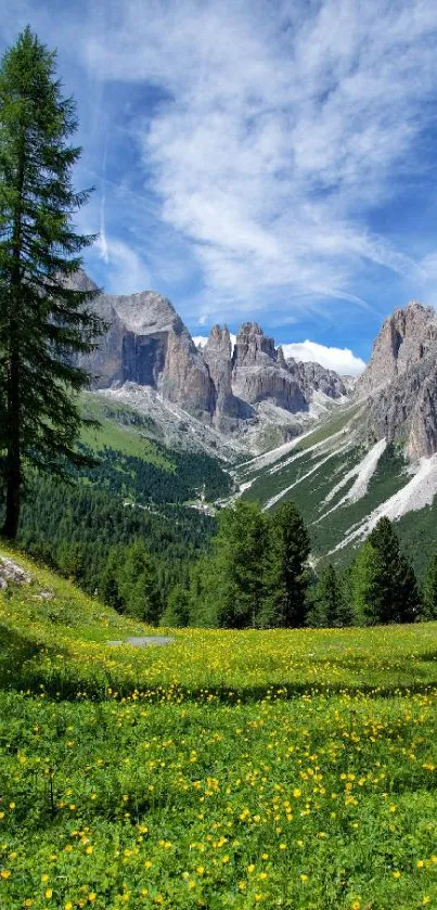 Lush mountain landscape with green fields and vibrant blue sky.