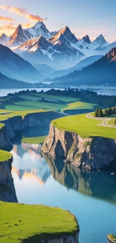 Scenic mountain landscape with lakes and sunset.