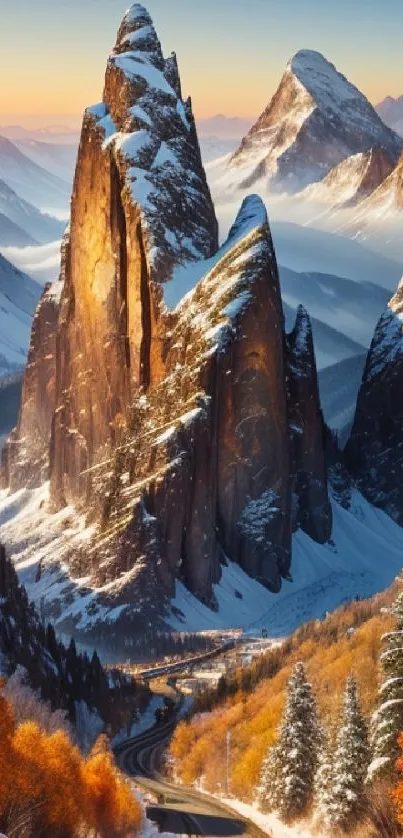 Majestic snow-capped mountains at sunrise with vibrant autumn trees.