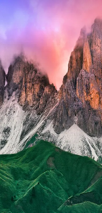 Vibrant mountain peaks with a colorful sky backdrop and lush green hills.