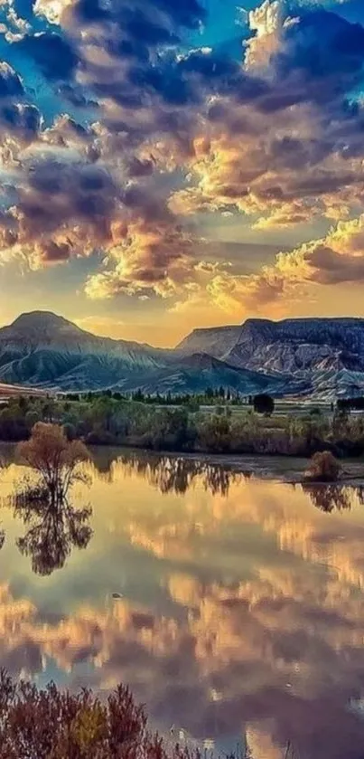 Beautiful mountain landscape with sunset reflection on water.