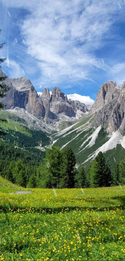 Scenic mountain landscape with lush greenery and blue sky.