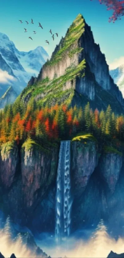 Majestic mountain with vibrant forest and waterfall in scenic wallpaper.