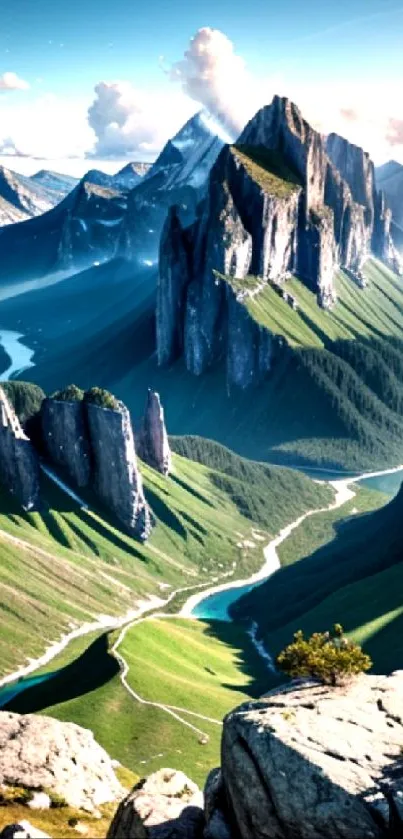 Breathtaking mountain landscape with peaks and valleys.