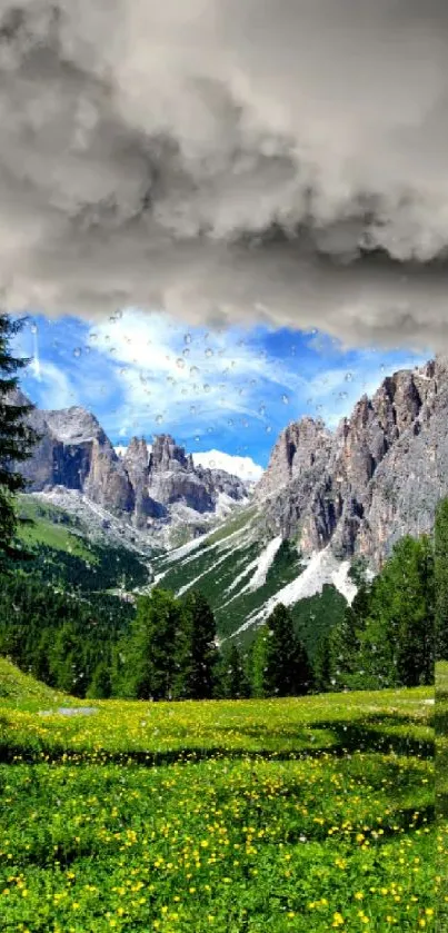 Mountain landscape with green meadow and dramatic skies wallpaper.