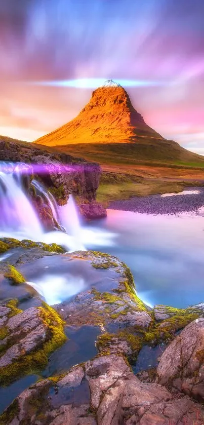 Vibrant mountain and waterfall landscape wallpaper with colorful sky.