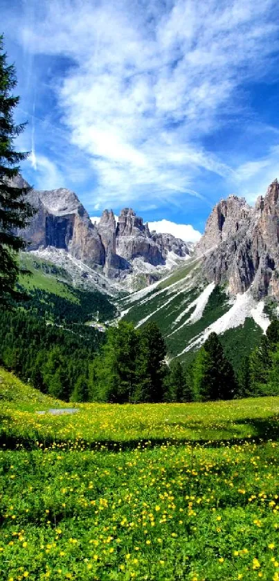 A breathtaking view of mountains with vibrant green fields and a blue sky.