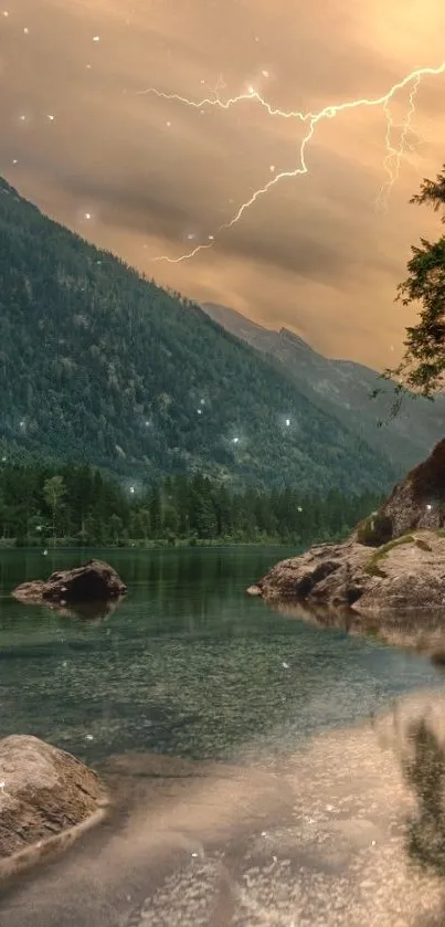 Mountain landscape with lightning over a serene lake.