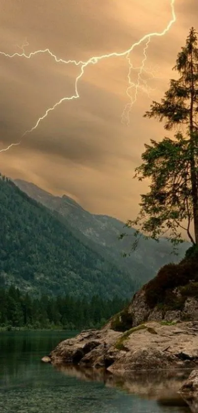 Majestic landscape with lightning over mountains and a tree.