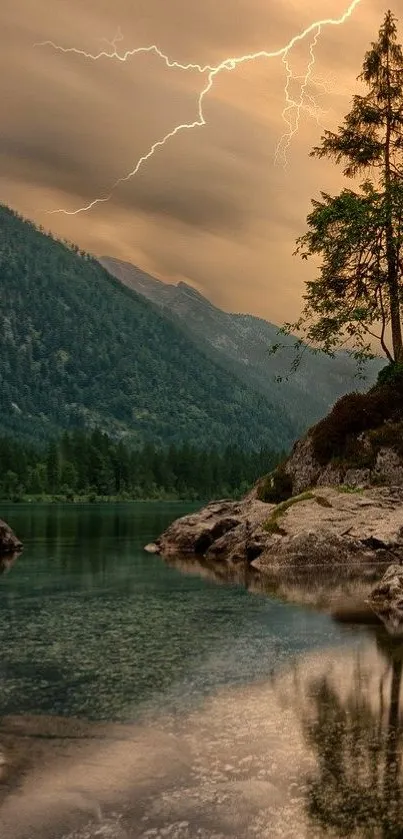 Mountain lake with lightning and trees under evening sky.