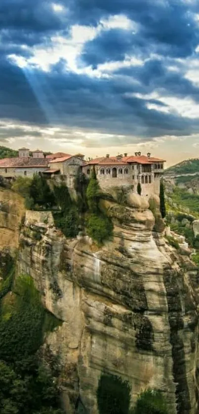 Monastery atop a majestic mountain under dramatic skies.