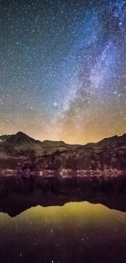 Milky Way over mountains and lake at night.