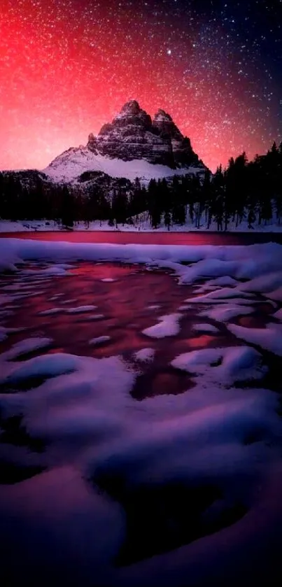 Snowy mountain under a red starry sky, reflecting on icy water.