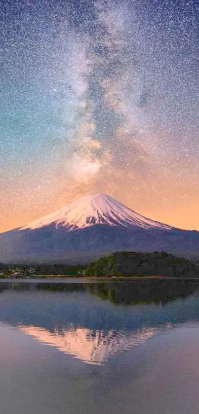 Scenic mountain reflecting under a starry night sky.