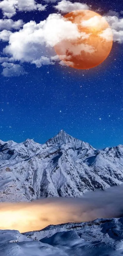 Mountain peaks beneath a starry night sky with a glowing orange moon.