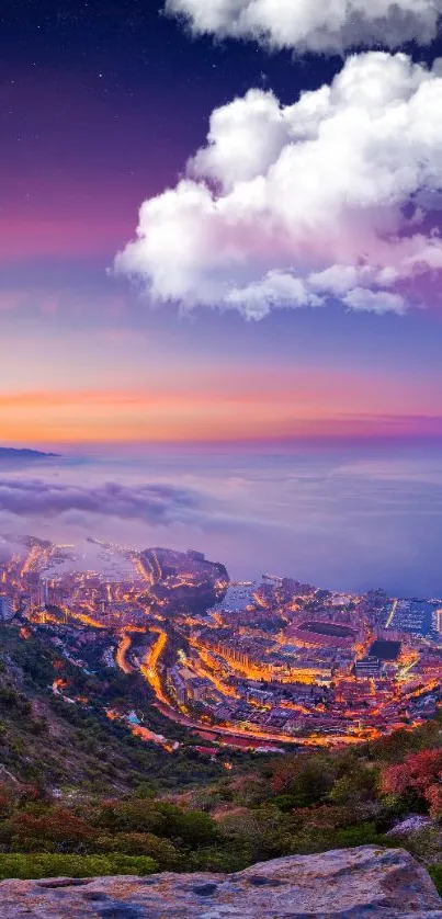 A stunning view of mountains and city lights under a vibrant, twilight sky.