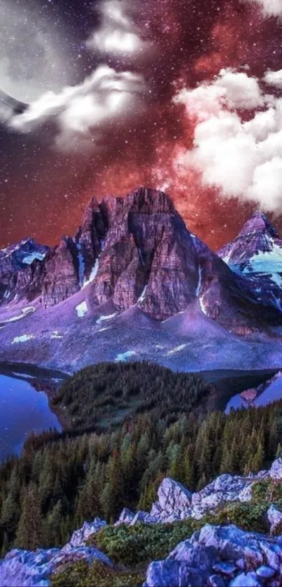 Breathtaking mountain landscape under a vibrant, starry night sky with purple hues.