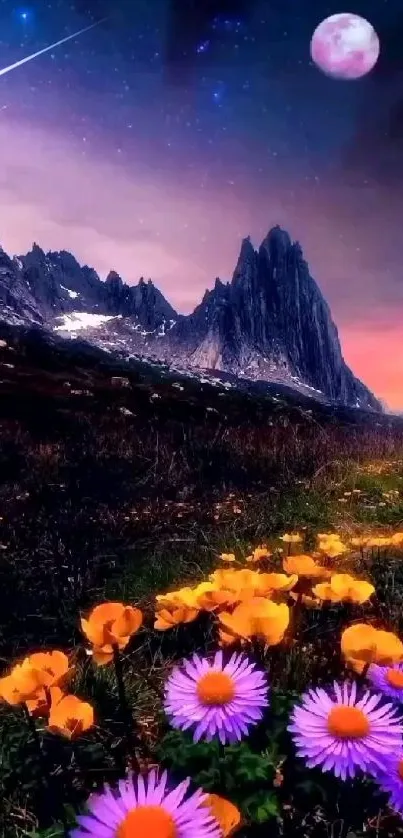 Colorful landscape with flowers and mountains under a starry sky at night.