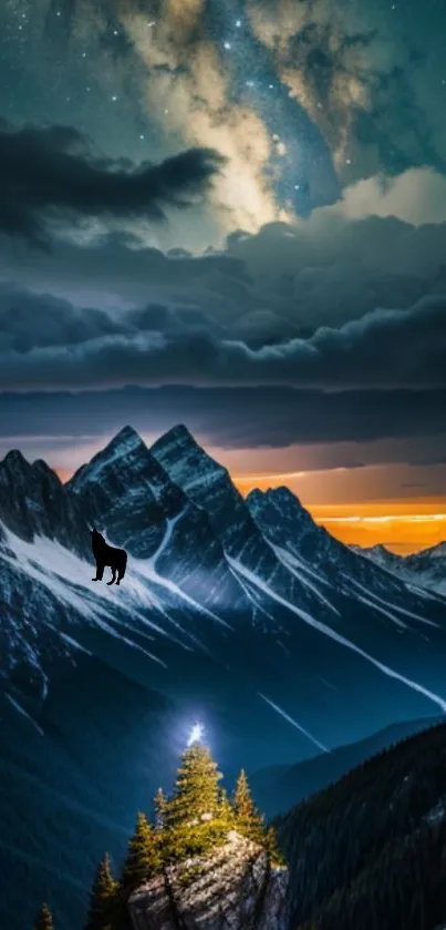 Majestic mountain night scene with wolf silhouette under starry sky.