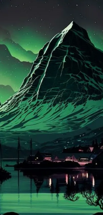 Majestic mountain and village under starry night sky with aurora.