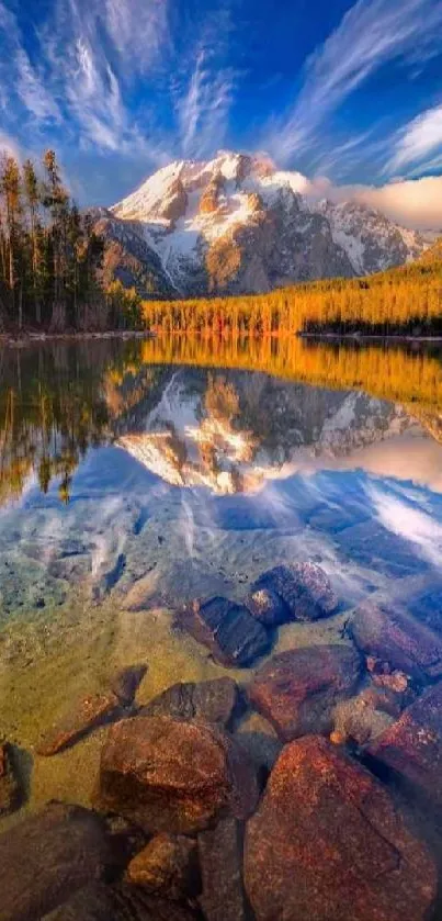 Mountain landscape with reflection on a crystal-clear lake under a vibrant sky.